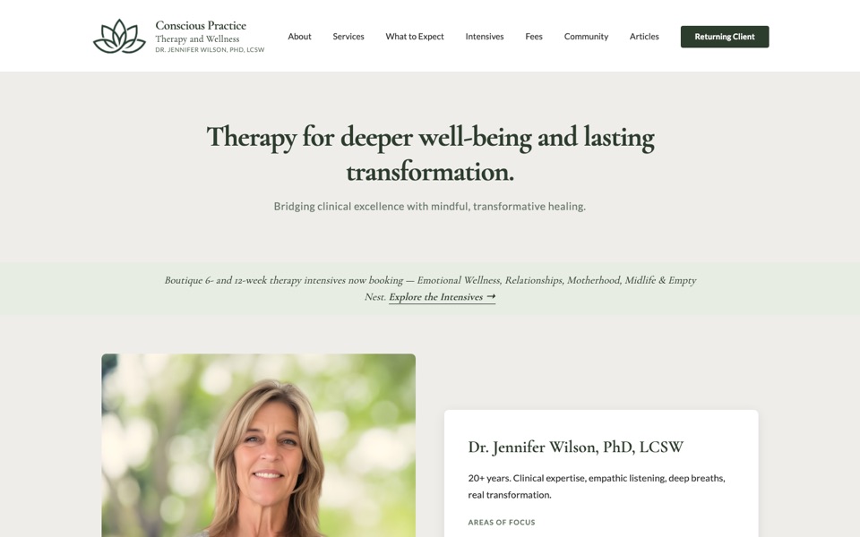 Conscious Practice home page as we built it: Therapy for deeper well-being and lasting transformation