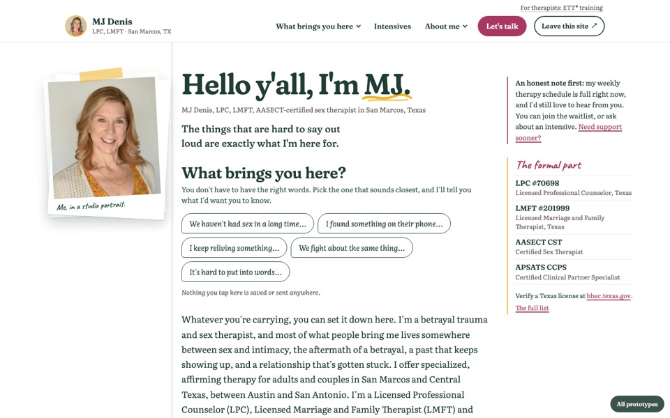 MJ Denis prototype home page: Hello y'all, I'm MJ